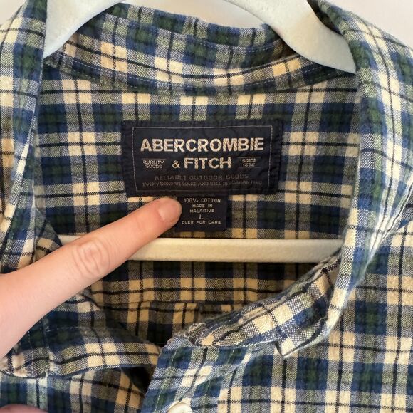 Men's Abercrombie & Fitch 100% Cotton Size L Blue/Green/Cream EUC Button Down - Picture 2 of 6